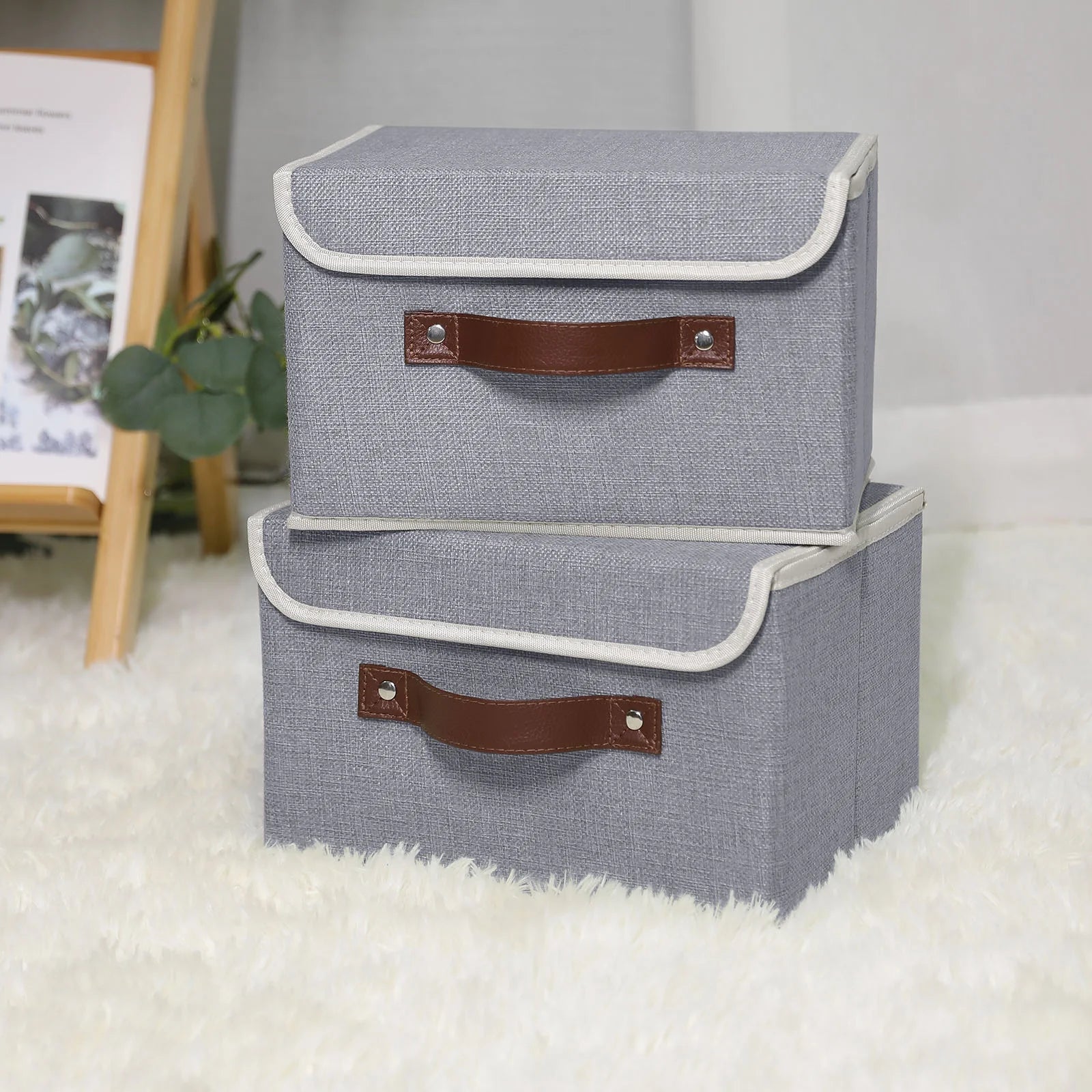 Foldable Fabric Storage Bin with Handle Lid Large Collapsible Box Basket for Home Organizer, 2 Packs, Gray