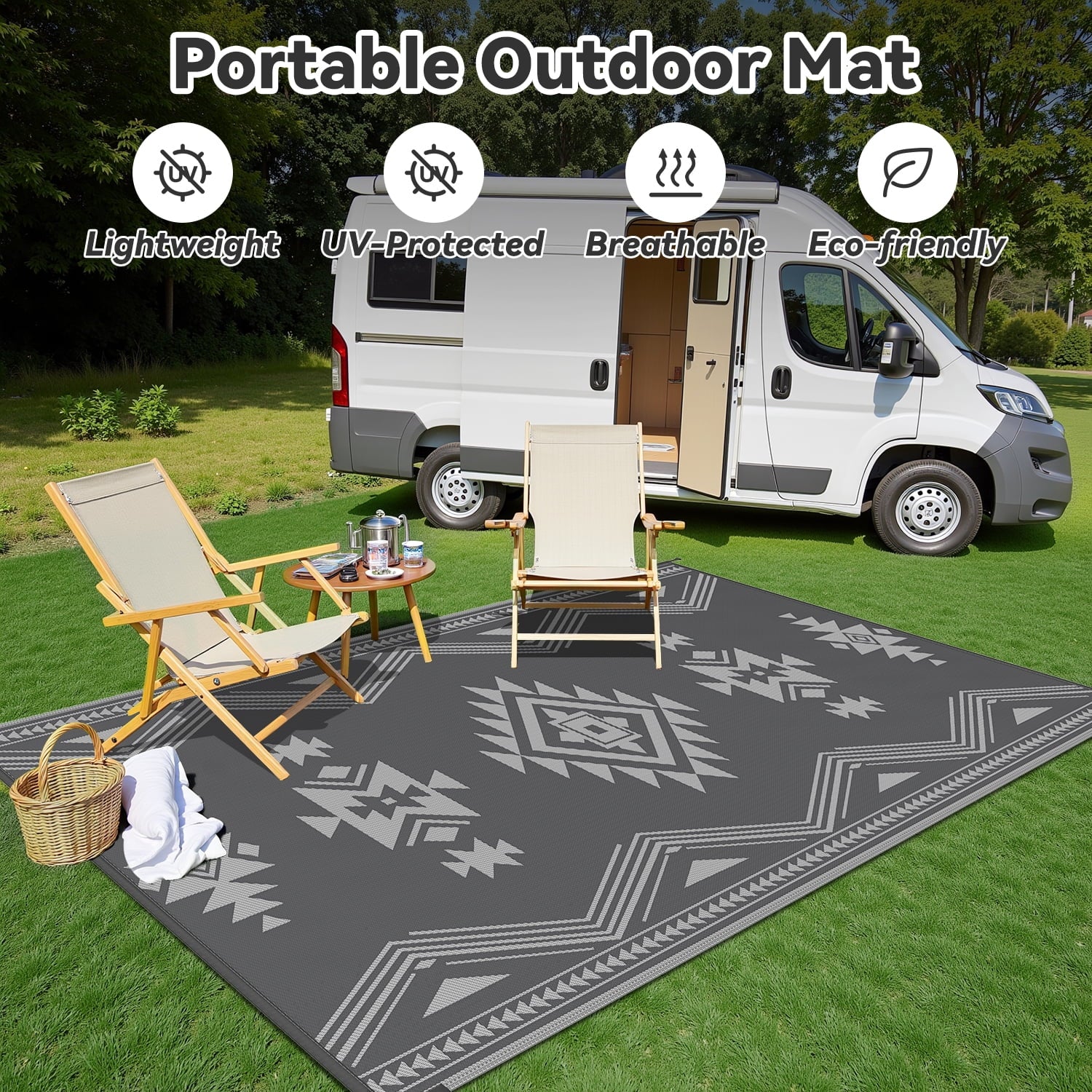 8X10 Feet Waterproof Outdoor Rug - Reversible Gray Plastic Patio Mat, Non-Slip Durable Moroccan Geometric Design for Camping, RV, Balcony, Porch, Picnic