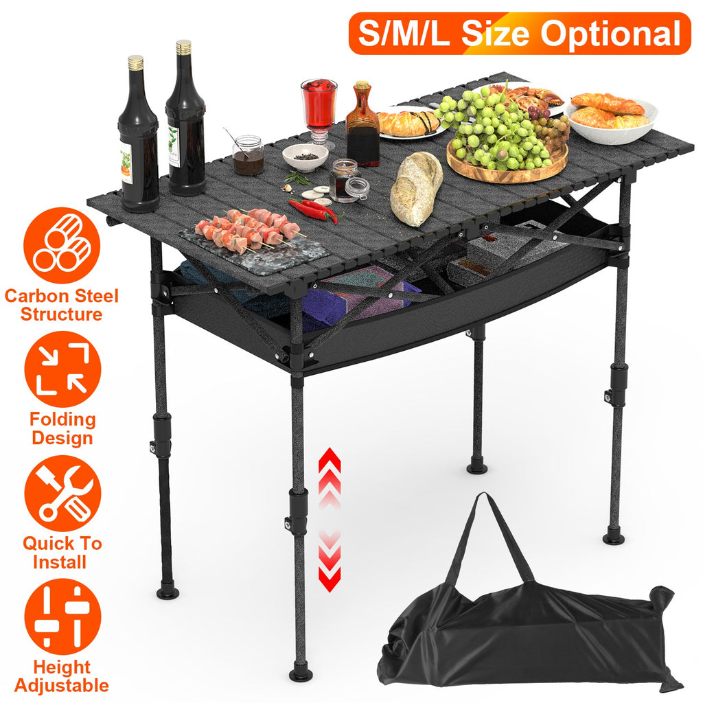 S-M-L Size Options Portable Folding Camping Table with Adjustable Height Rustproof Carbon Steel Foldable Roll-Up Camping Table for Picnic Camping Hiking Beach BBQ 55LBS Max Load