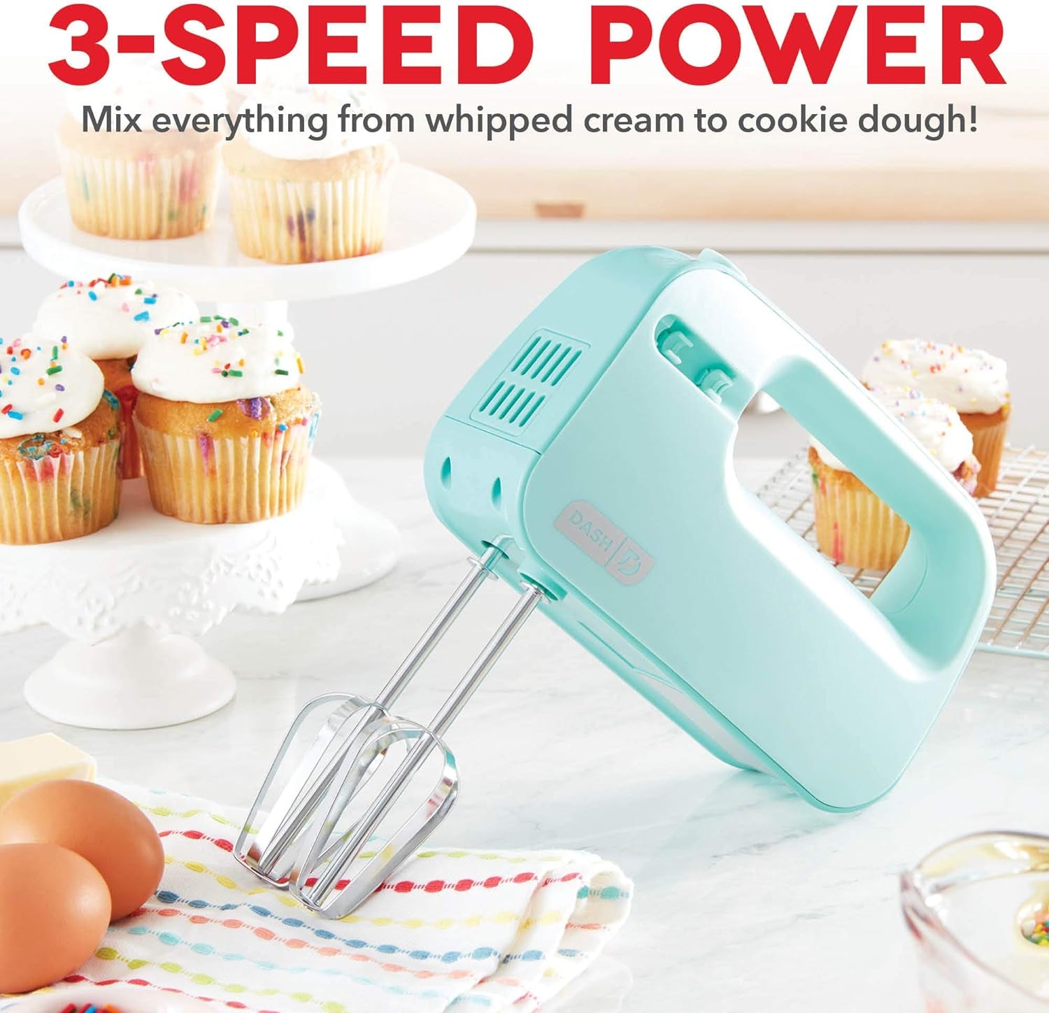 Smartstore™ Deluxe Compact Electric Hand Mixer + Whisk and Milkshake Attachment for Whipping, Mixing Cookies, Brownies, Cakes, Dough, Batters, Meringues & More, 3 Speed, 150-Watt – Aqua