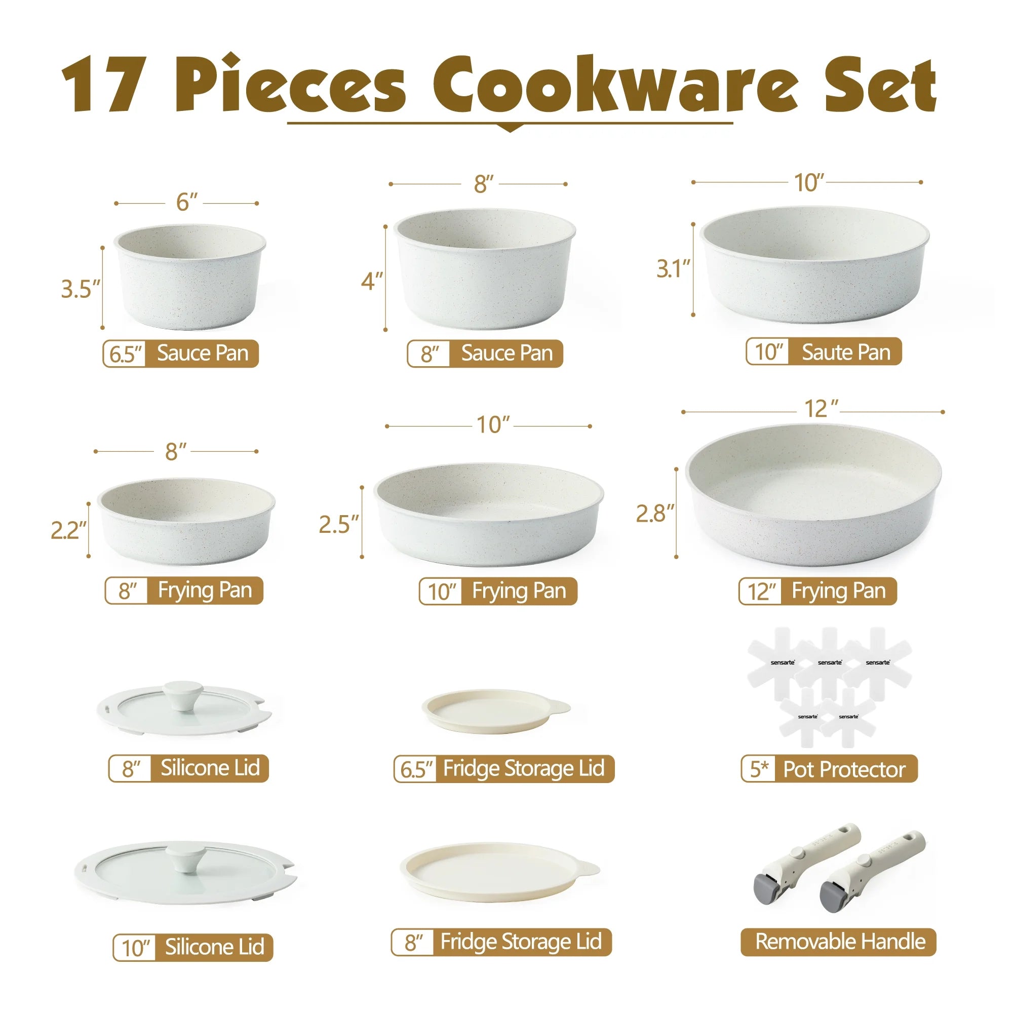 Nonstick Cookware Sets with Detachable Handles, 17Pcs Granite Pots and Pans Set, Induction Kitchen Cookware Sets Stackable White