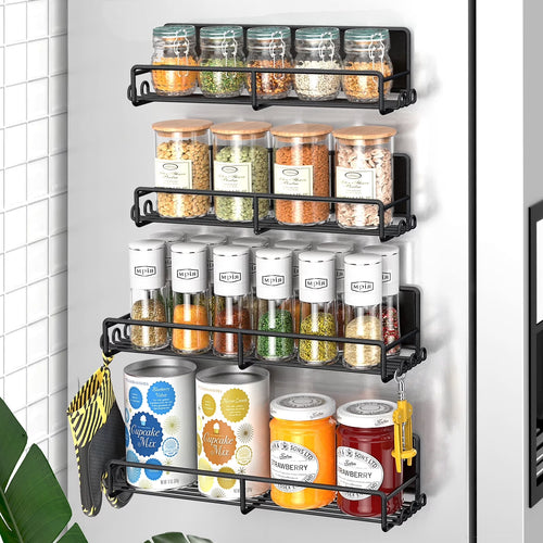 4 Pack Magnetic Spice Rack for Refrigerator and Oven, Magnetic Fridge Organizers and Storage Metal Black, Strong Magnets Shelf Seasoning Organizer Gadgets