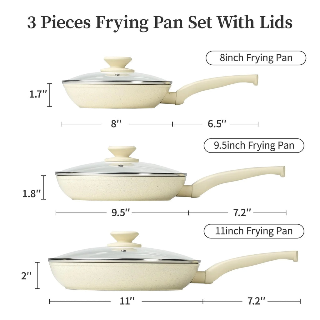 8" 9.5" and 11" Frying Pan Set Nonstick Cookware Set Toxin-Free Frying Pans with Lid Bakelite Handle Pans Set