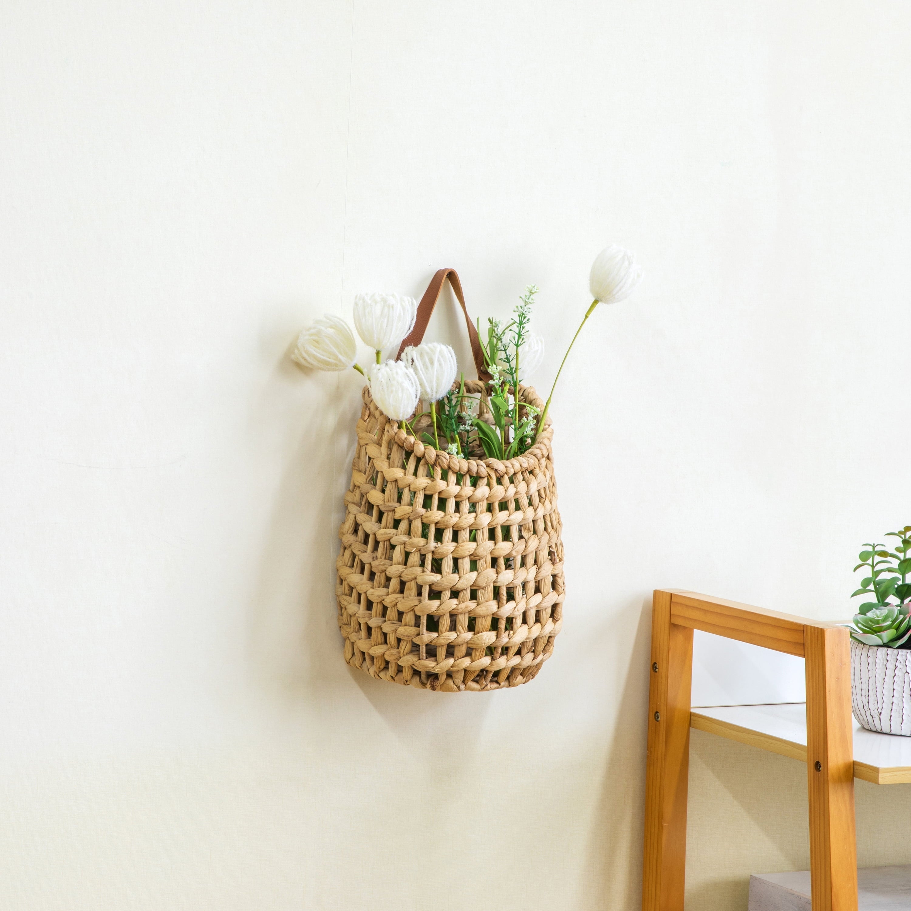 Water Hyacinth Hanging Basket with Faux Leather Strap