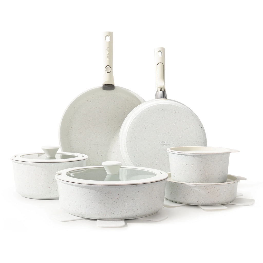 Nonstick Cookware Sets with Detachable Handles, 17Pcs Granite Pots and Pans Set, Induction Kitchen Cookware Sets Stackable White