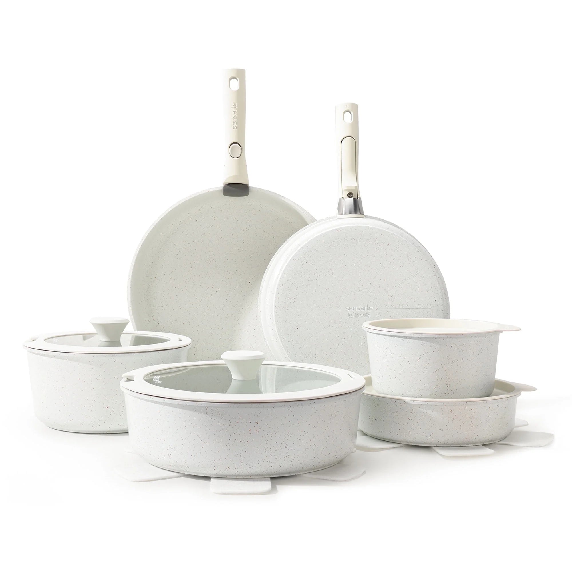 Nonstick Cookware Sets with Detachable Handles, 17Pcs Granite Pots and Pans Set, Induction Kitchen Cookware Sets Stackable White