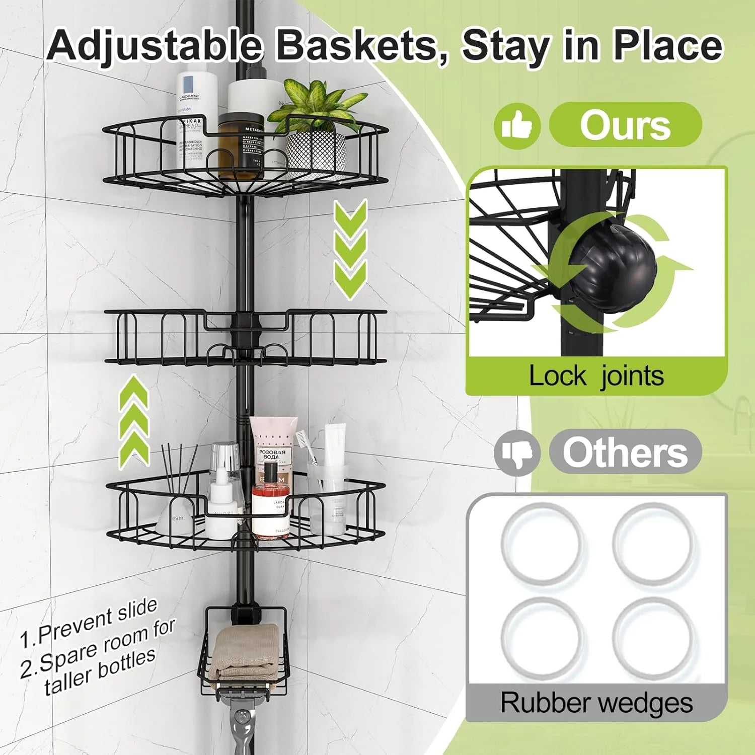 Corner Shower Caddy Tension Pole, Rustproof Stainless Steel Tension Rod Corner Shower Caddy for Shower Organizer,Adjustable Floor to Ceiling Stand Shower Shelves for Bathroom Bathtub