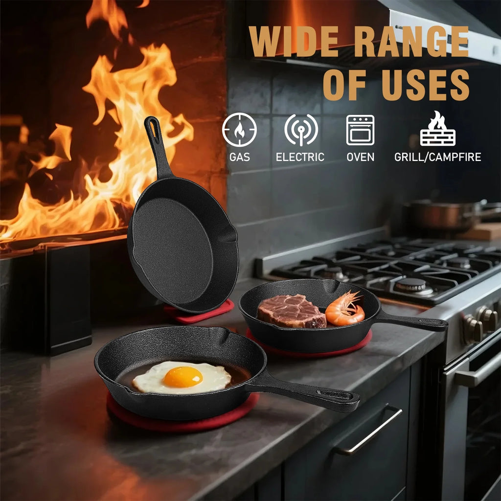 Cast Iron Skillet Set,  3-Piece Pre-Seasoned Pan Cookware Set, 10", 8", 6" Frying Pans with Handles, Heavy-Duty Cookware Set with Non-Stick Surface for Saute, Cooking, Pizza