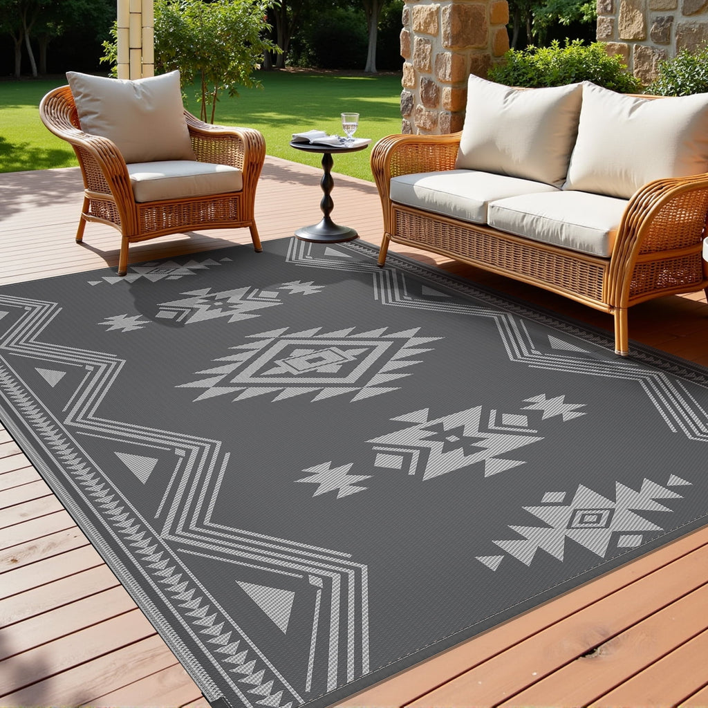 8X10 Feet Waterproof Outdoor Rug - Reversible Gray Plastic Patio Mat, Non-Slip Durable Moroccan Geometric Design for Camping, RV, Balcony, Porch, Picnic