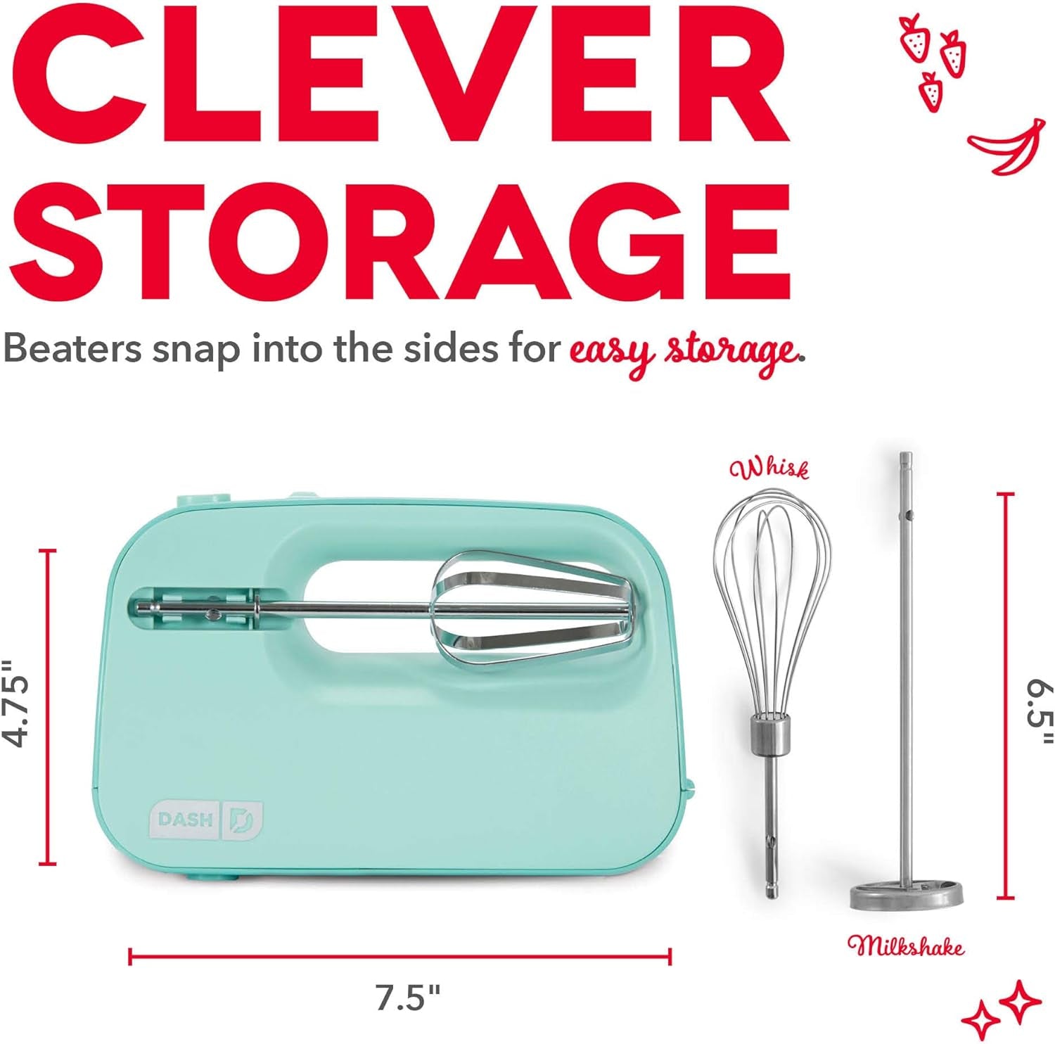 Smartstore™ Deluxe Compact Electric Hand Mixer + Whisk and Milkshake Attachment for Whipping, Mixing Cookies, Brownies, Cakes, Dough, Batters, Meringues & More, 3 Speed, 150-Watt – Aqua