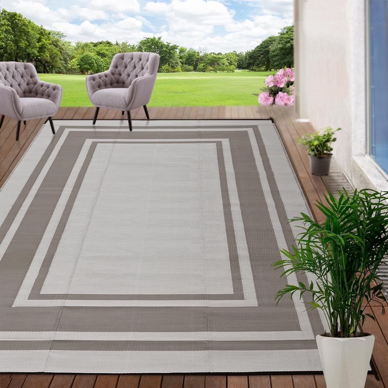 Outdoor Plastic Waterproof Rug 5'X 8' for Patio, Porch, Deck, Backyard, Balcony, Reversible, Geometric