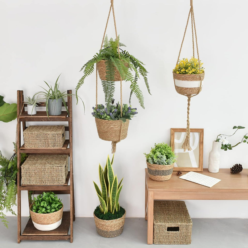 Water Hyacinth Hanging Plant Baskets, 2-Tier Woven Plant Baskets, Hanging Baskets for Plants Indoor & Outdoor, Hanging Baskets for Plant Flower Pots, Natural