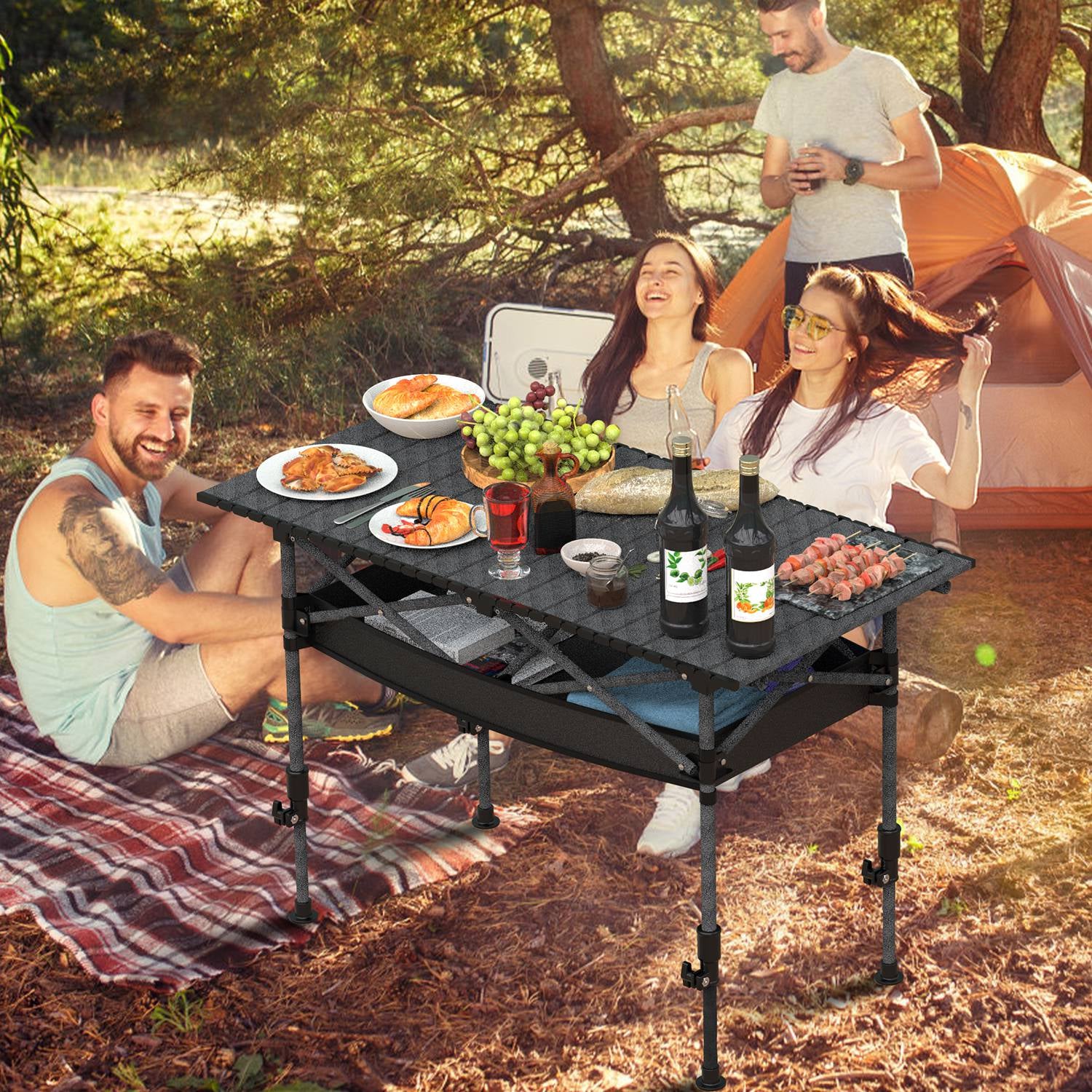 S-M-L Size Options Portable Folding Camping Table with Adjustable Height Rustproof Carbon Steel Foldable Roll-Up Camping Table for Picnic Camping Hiking Beach BBQ 55LBS Max Load