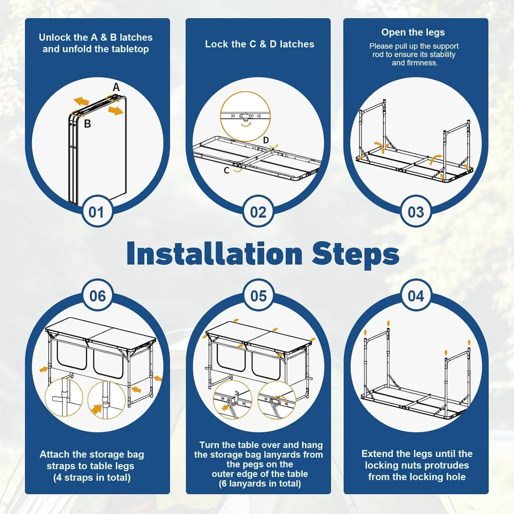 4 Ft Folding Camping Table with Storage, Camping Kitchen Station, Aluminum Portable Folding Table Camp Cook Desk with Storage Organizer and 2 Adjustable Feet, White