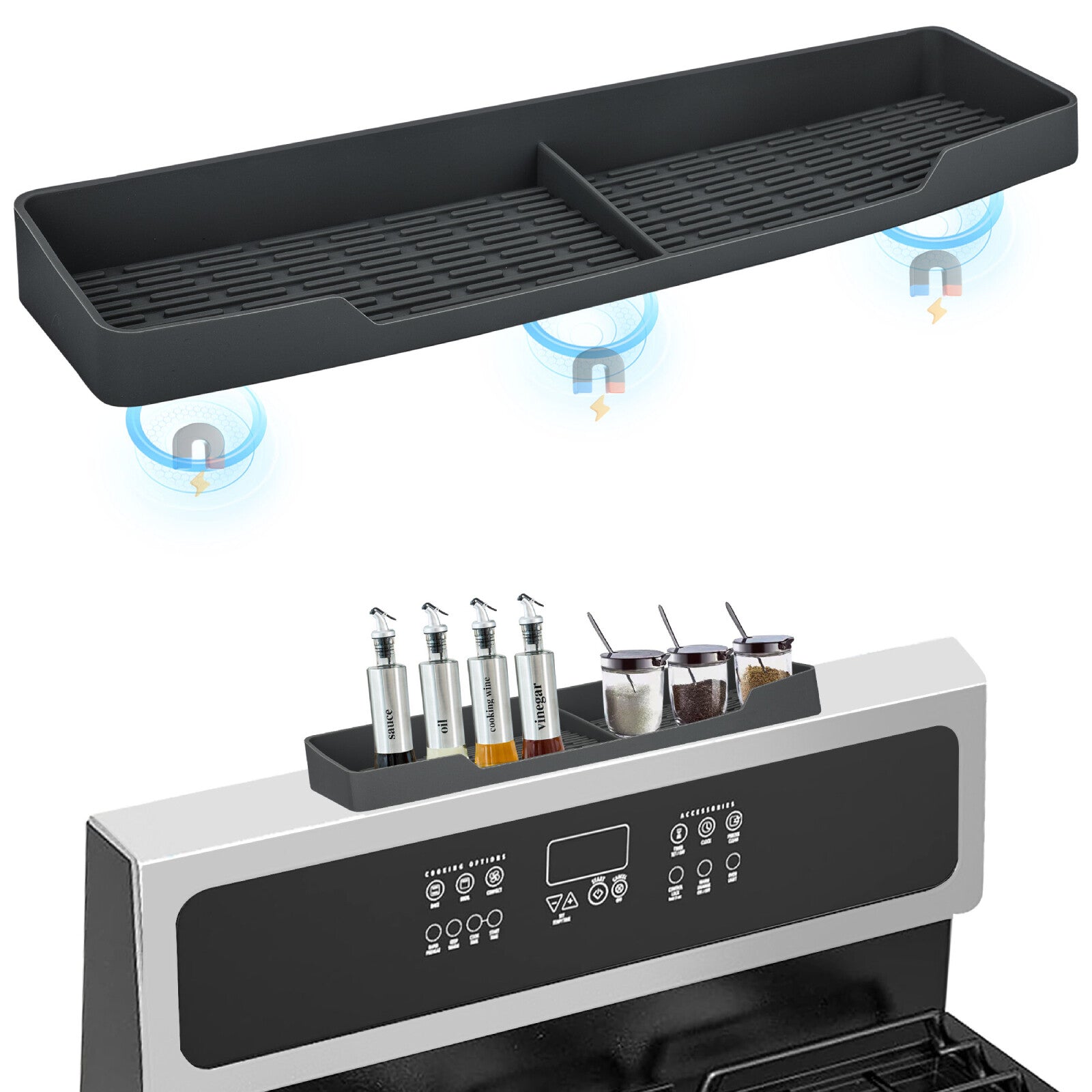 Silicone Kitchen Spice Rack, Magnetic Stove Top Shelf 15", Countertop Organizer