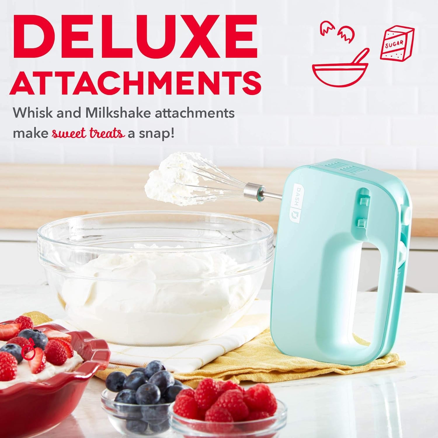 Smartstore™ Deluxe Compact Electric Hand Mixer + Whisk and Milkshake Attachment for Whipping, Mixing Cookies, Brownies, Cakes, Dough, Batters, Meringues & More, 3 Speed, 150-Watt – Aqua