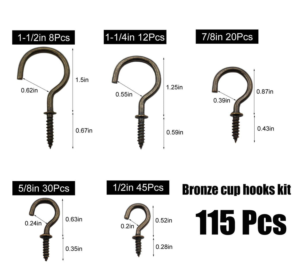 115 Pcs Bronze Cup Screw in Hooks Kit, 5 Sizes Screw Hooks for Hanging,Screw Ceiling DIY Jewelry Christmas Lights Plant Hanger Mug Hooks (1/2" 5/8" 7/8" 1-1/4" 1-1/2")