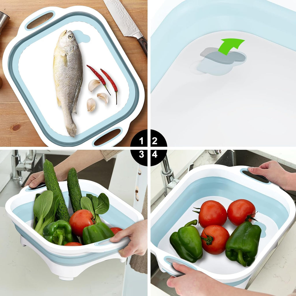 Collapsible Cutting Board, Camping Cutting Board with Knife,Multifunctional Kitchen Vegetable Washing Basket Silicone Dish Tub for Camping Kitchen Essentials/Bbq Prep Tub/Rv Accessories