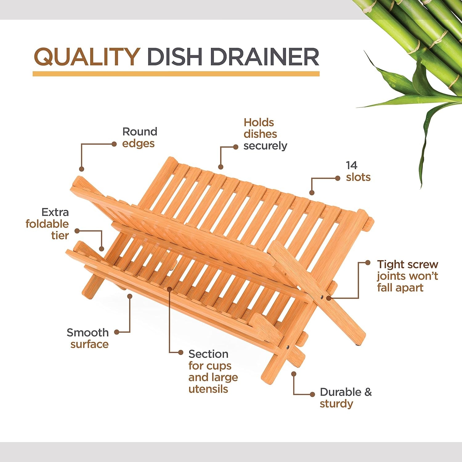 Dish Drying Rack - Bamboo Dish Rack for Kitchen Counter, Collapsible 2-Tier Wooden Drying Rack for Dishes, Plates, Cups, Utensils - Foldable Dish Drainer, Space-Saving Kitchen Drying Rack Organizer