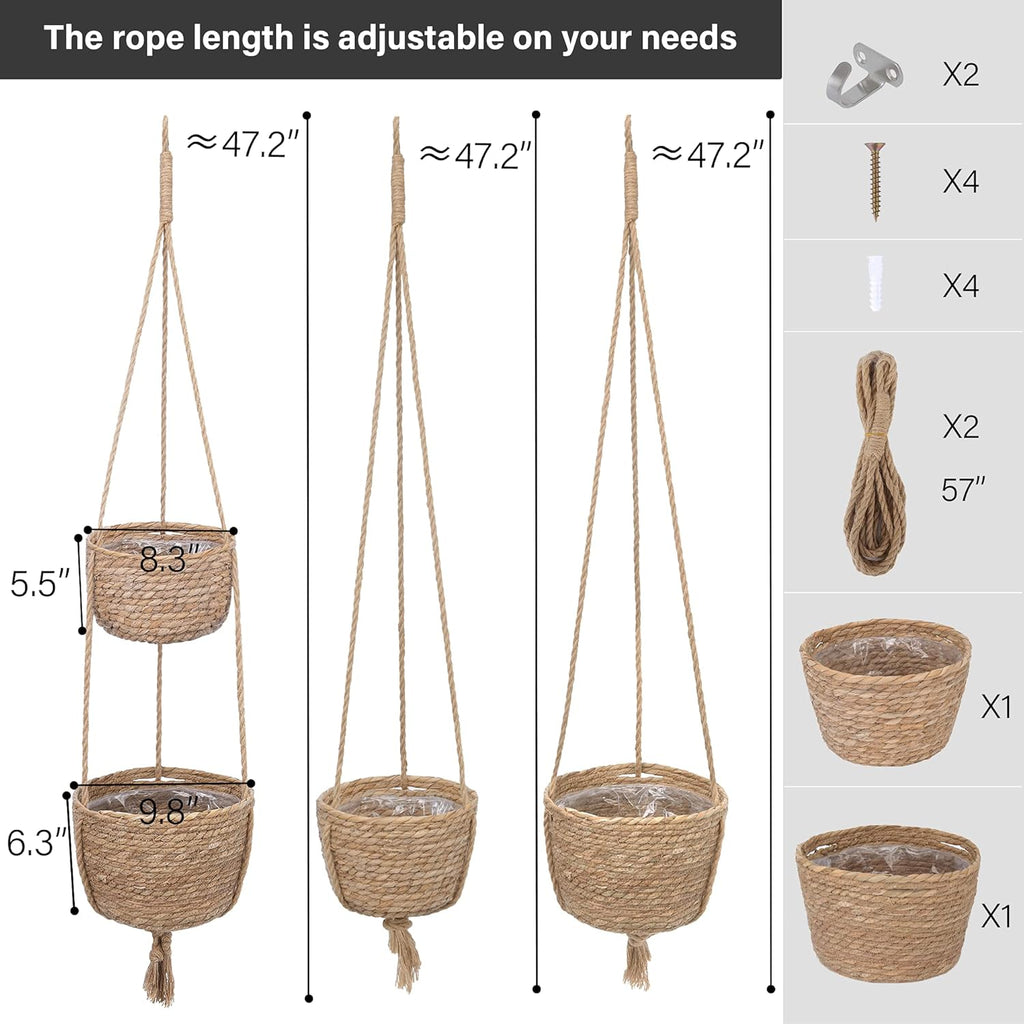 Water Hyacinth Hanging Plant Baskets, 2-Tier Woven Plant Baskets, Hanging Baskets for Plants Indoor & Outdoor, Hanging Baskets for Plant Flower Pots, Natural