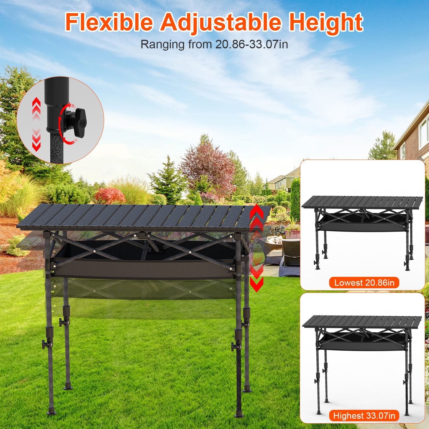 S-M-L Size Options Portable Folding Camping Table with Adjustable Height Rustproof Carbon Steel Foldable Roll-Up Camping Table for Picnic Camping Hiking Beach BBQ 55LBS Max Load