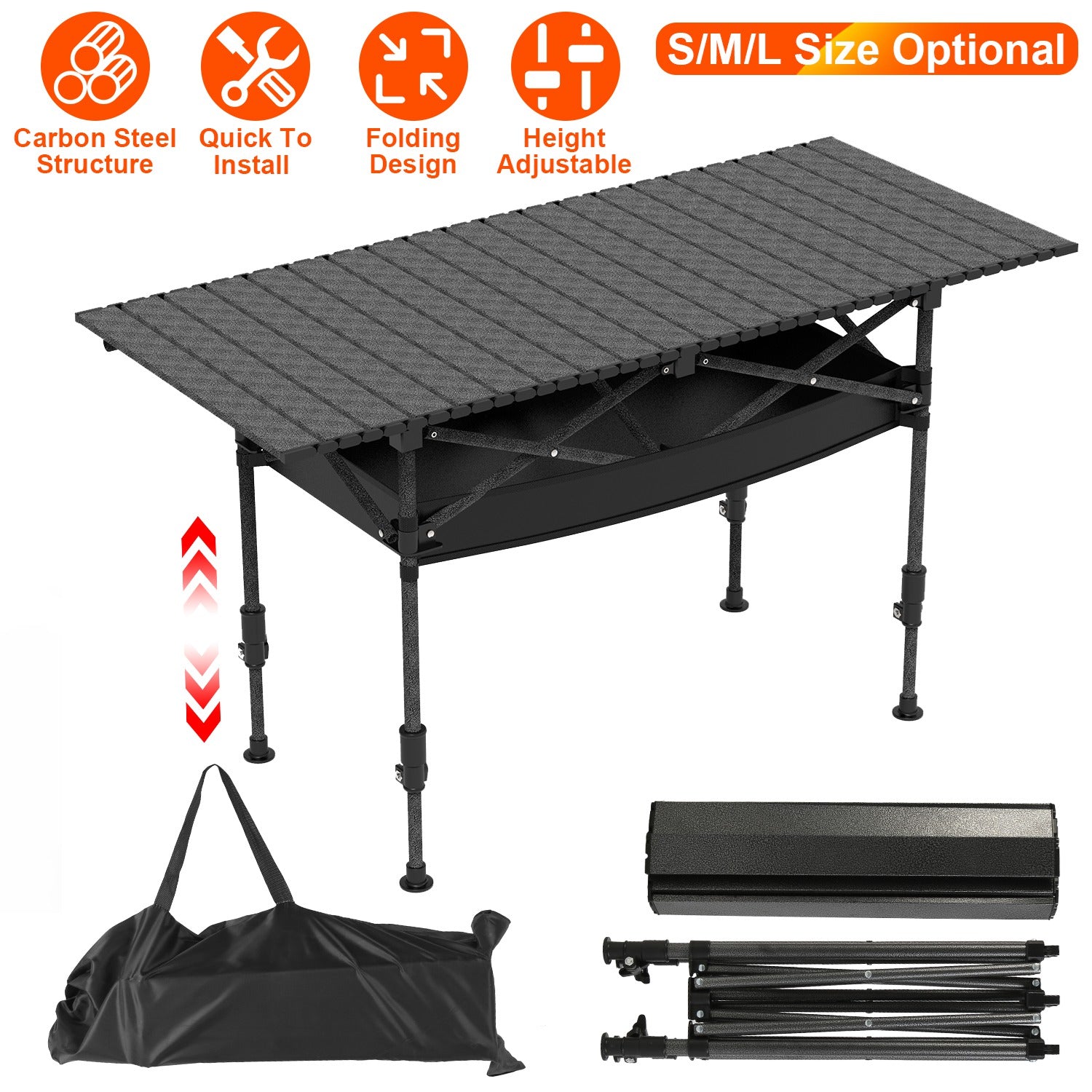 S-M-L Size Options Portable Folding Camping Table with Adjustable Height Rustproof Carbon Steel Foldable Roll-Up Camping Table for Picnic Camping Hiking Beach BBQ 55LBS Max Load