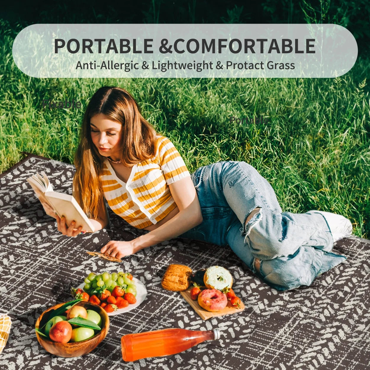 Outdoor Rug 5'X8' Waterproof Reversible Carpet Patio Rug Plastic Indoor Outdoor Rug Portable Modern Large Straw Mat for Picnic RV Camping Porch Garden Picnic Deck Balcony Brown and Beige