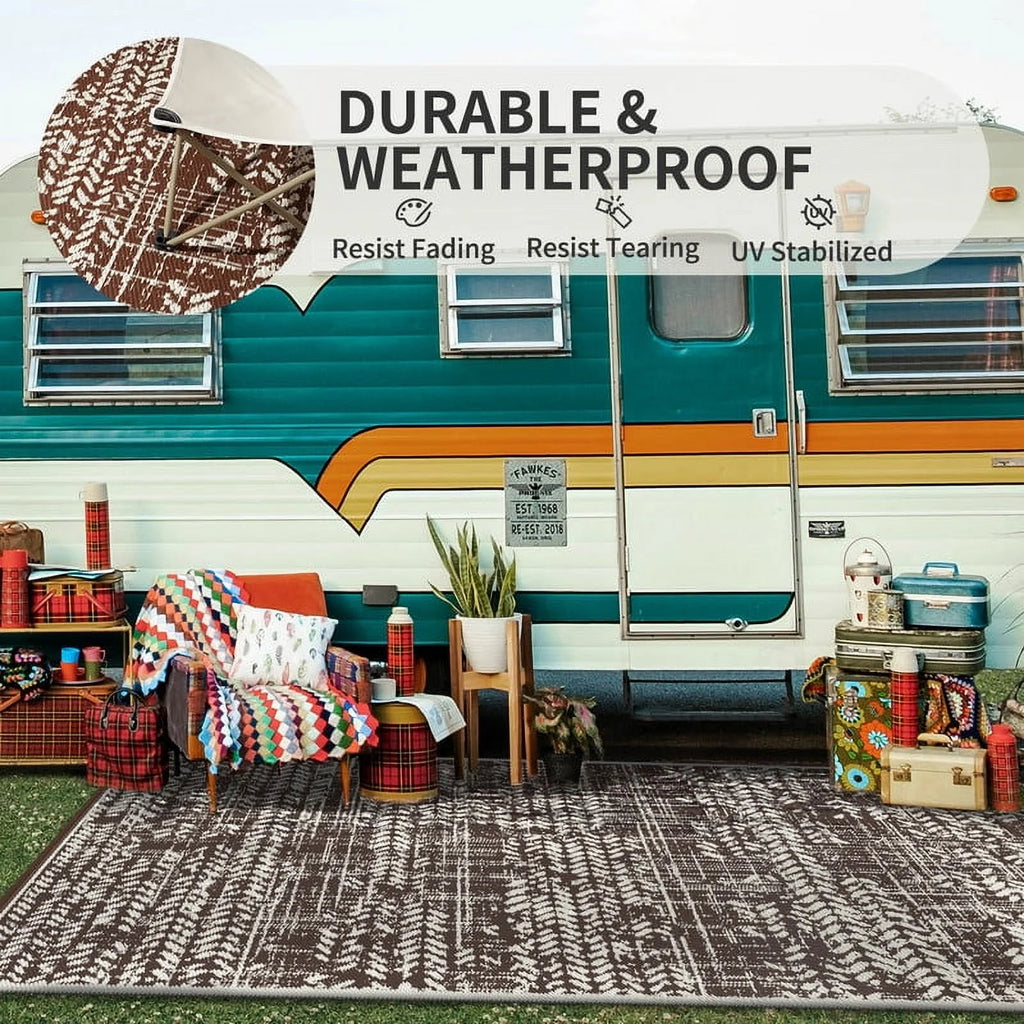 Outdoor Rug 5'X8' Waterproof Reversible Carpet Patio Rug Plastic Indoor Outdoor Rug Portable Modern Large Straw Mat for Picnic RV Camping Porch Garden Picnic Deck Balcony Brown and Beige