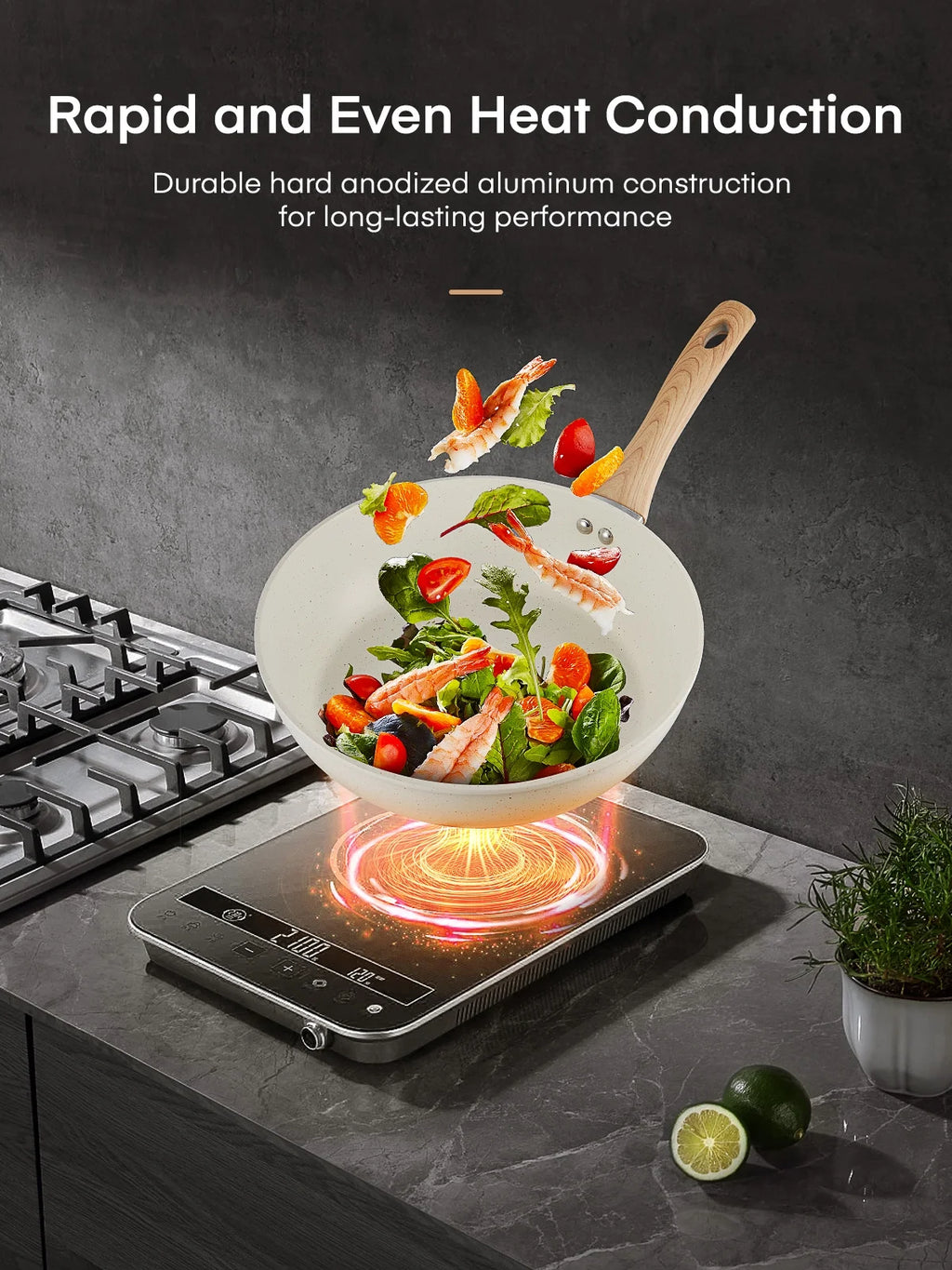 15-Piece Pots and Pans Set Non Stick, Induction Kitchen Cookware Sets, Aluminum, Beige