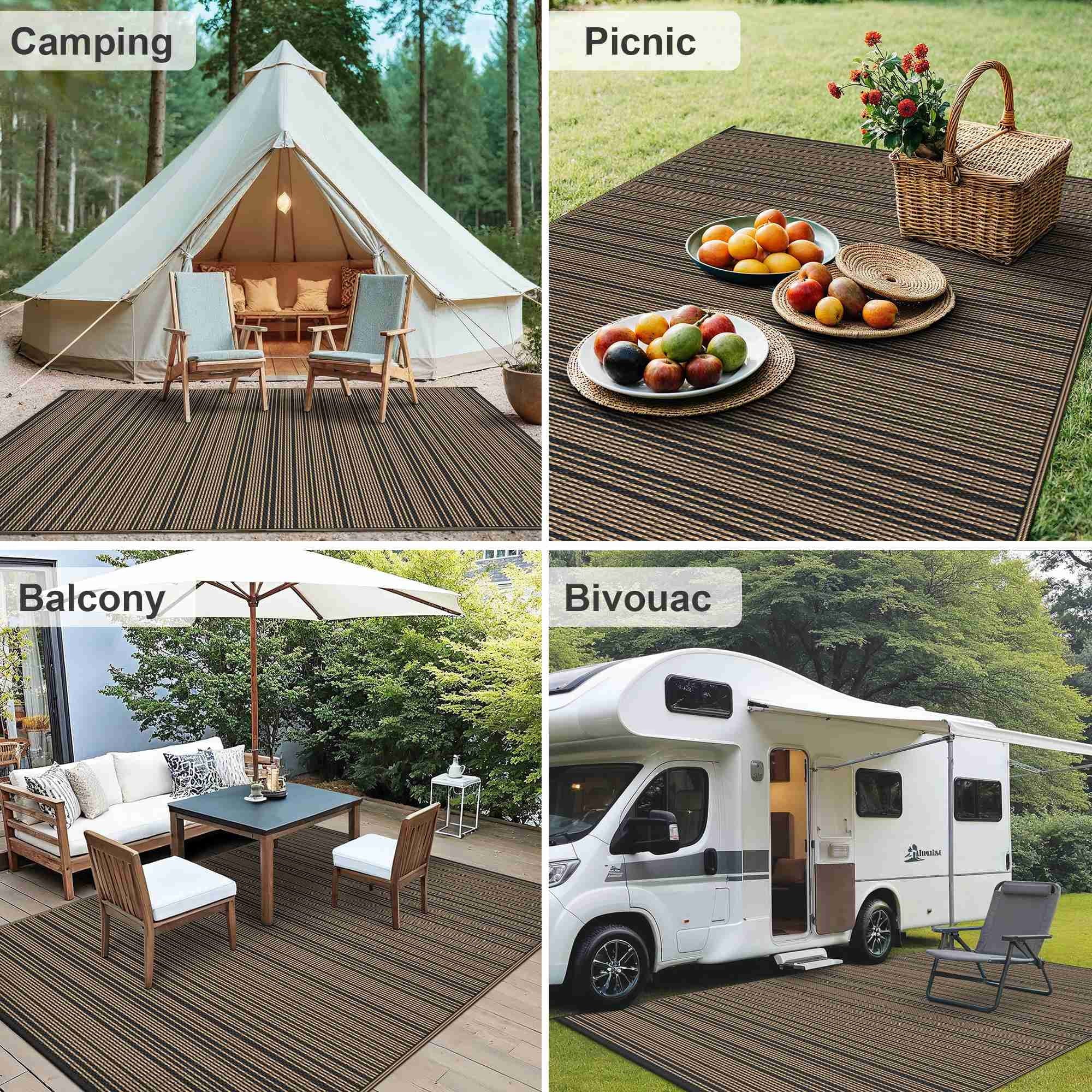 8'X 10' Outdoor Waterproof Rug Camping Mat Patio Carpet,Black&Brown