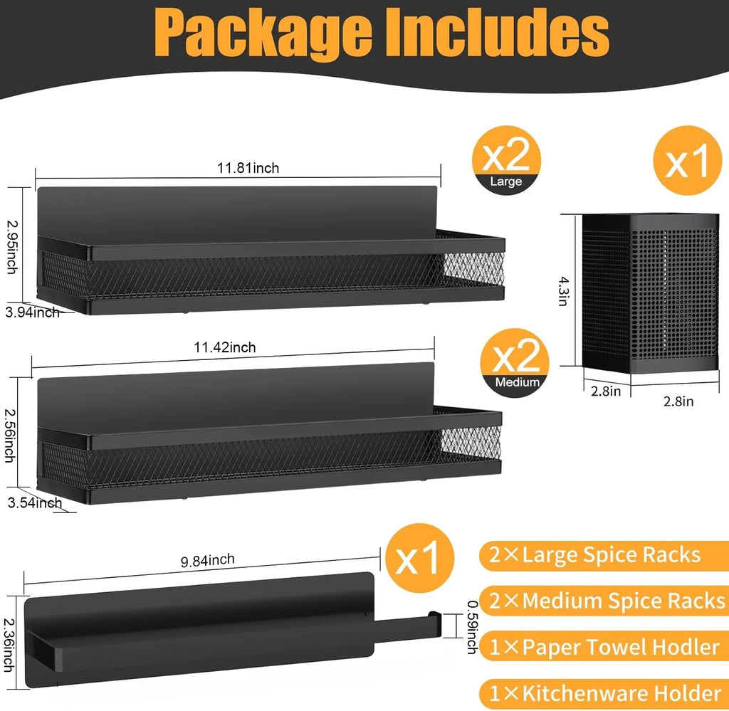 Magnetic Spice Rack Organizer,  6 Pack Moveable Fridge Spice Shelves for Refrigerator, Strong Magnetic Metal Refrigerator Shelf Organizer with Paper Towel Holder, Utensils Holder, Black