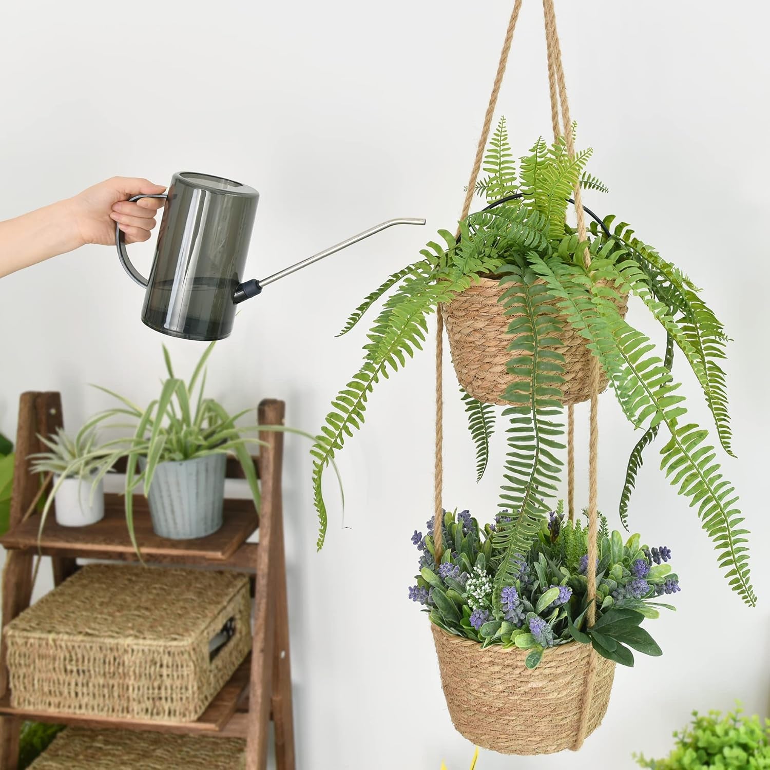 Water Hyacinth Hanging Plant Baskets, 2-Tier Woven Plant Baskets, Hanging Baskets for Plants Indoor & Outdoor, Hanging Baskets for Plant Flower Pots, Natural