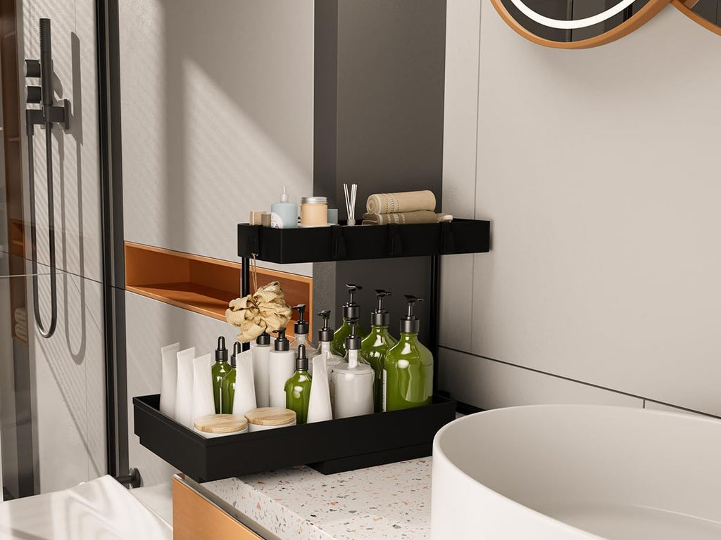 2 Pack under Sink Organizer 2 Tier Sliding Cabinet Organizers Multi-Purpose Sink Storage Basket L-Shape Narrow Space Storage Shelves with 4 Hook for Kitchen Bathroom Drawer, Black