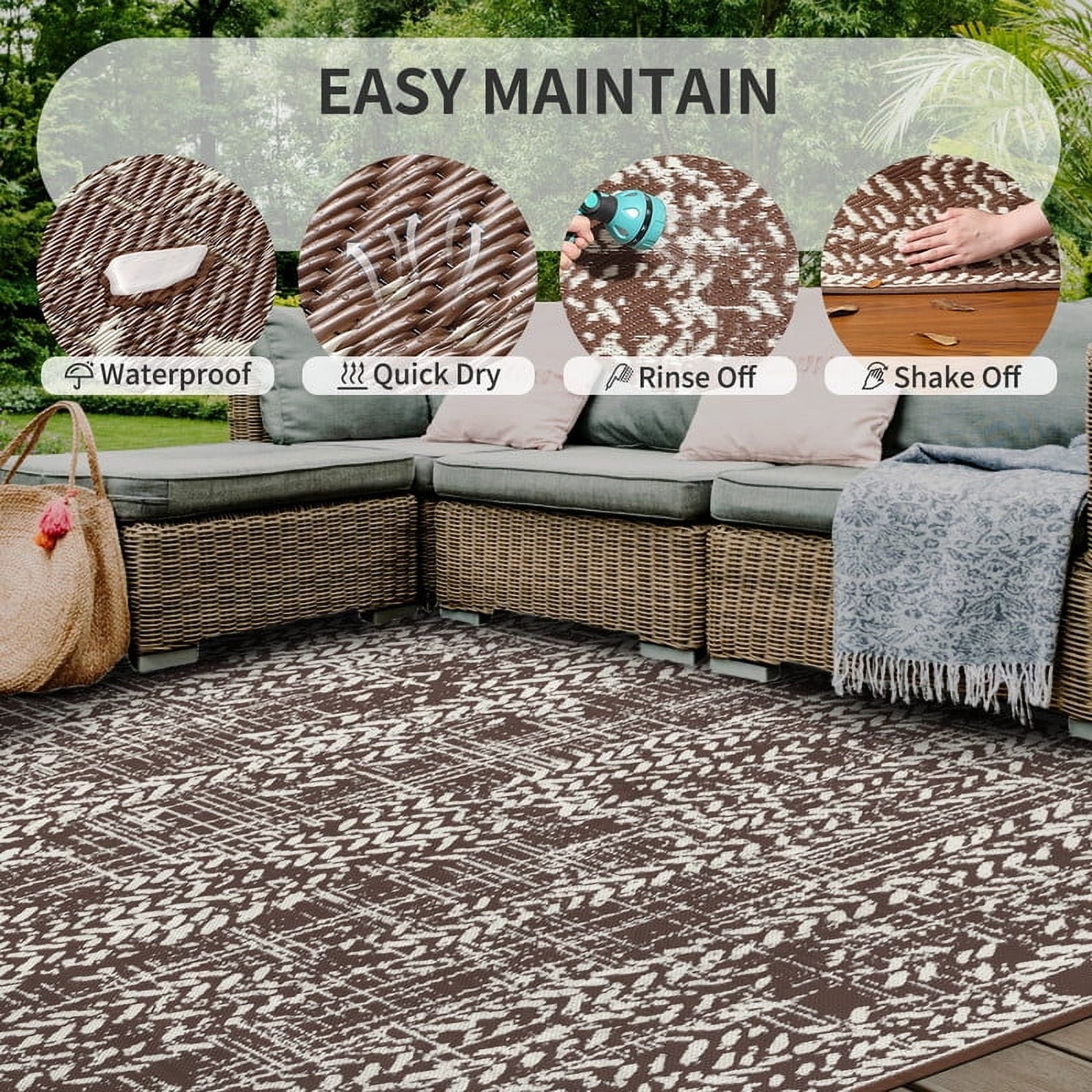 Outdoor Rug 5'X8' Waterproof Reversible Carpet Patio Rug Plastic Indoor Outdoor Rug Portable Modern Large Straw Mat for Picnic RV Camping Porch Garden Picnic Deck Balcony Brown and Beige