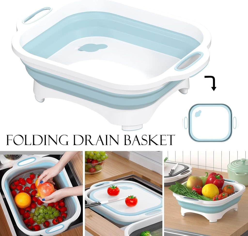 Collapsible Cutting Board, Camping Cutting Board with Knife,Multifunctional Kitchen Vegetable Washing Basket Silicone Dish Tub for Camping Kitchen Essentials/Bbq Prep Tub/Rv Accessories