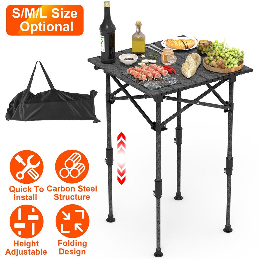 S-M-L Size Options Portable Folding Camping Table with Adjustable Height Rustproof Carbon Steel Foldable Roll-Up Camping Table for Picnic Camping Hiking Beach BBQ 55LBS Max Load