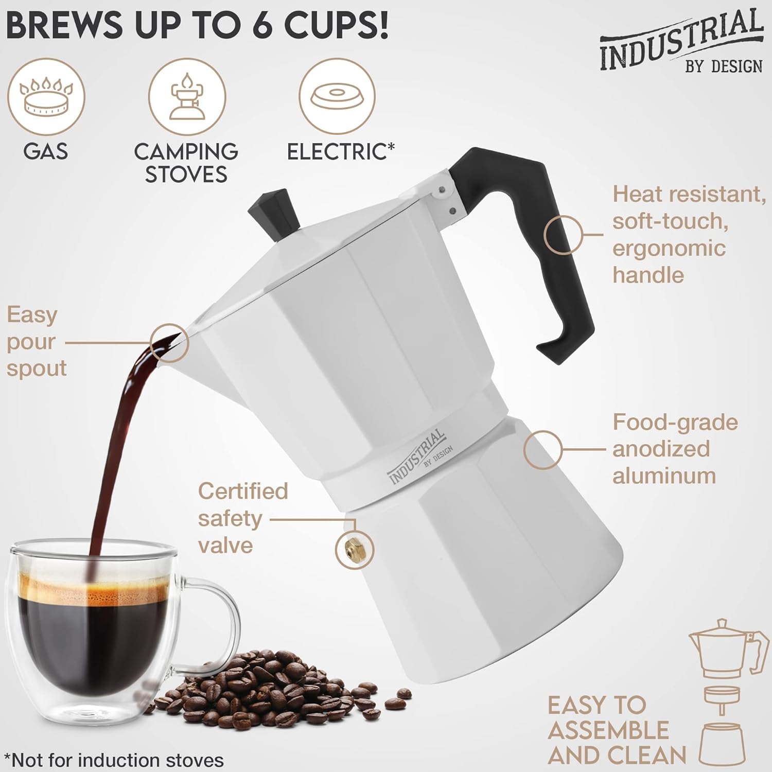 Stovetop Espresso Maker, Italian Coffee Maker, & Cuban Coffee Maker for Strong Freshly Brewed Espresso Coffee - Perfect Camping Espresso Maker & for Brewing at Home - 6-Cup Moka Pot (White)