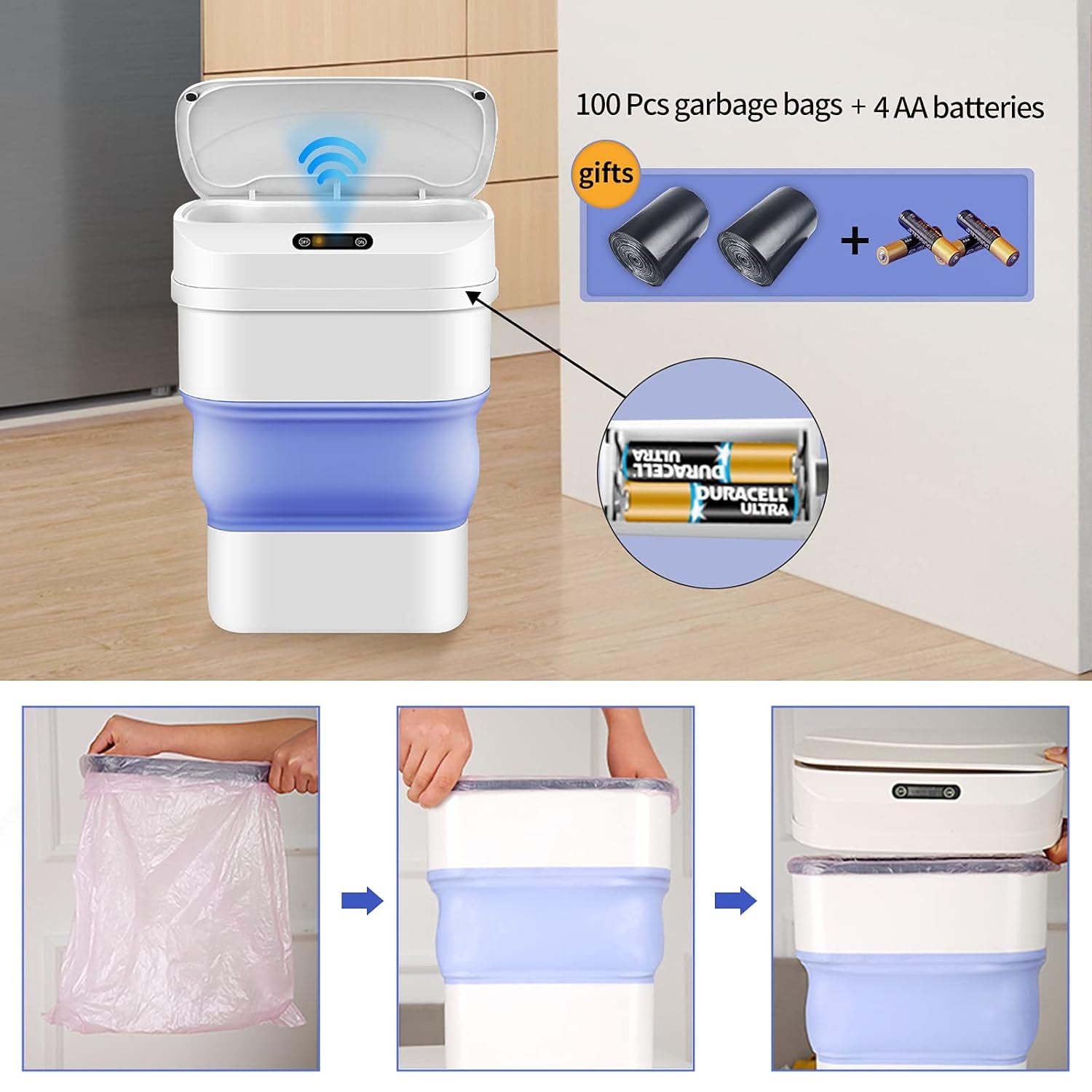 Trash Can with Lid Touchless Automatic Motion Sensor Smart Kitchen Trash Can, Garbage Can White Trash Can Foldable Trash Bin for Kitchen Bedroom Bathroom Office Car(4.6 Gal/17.5 L)