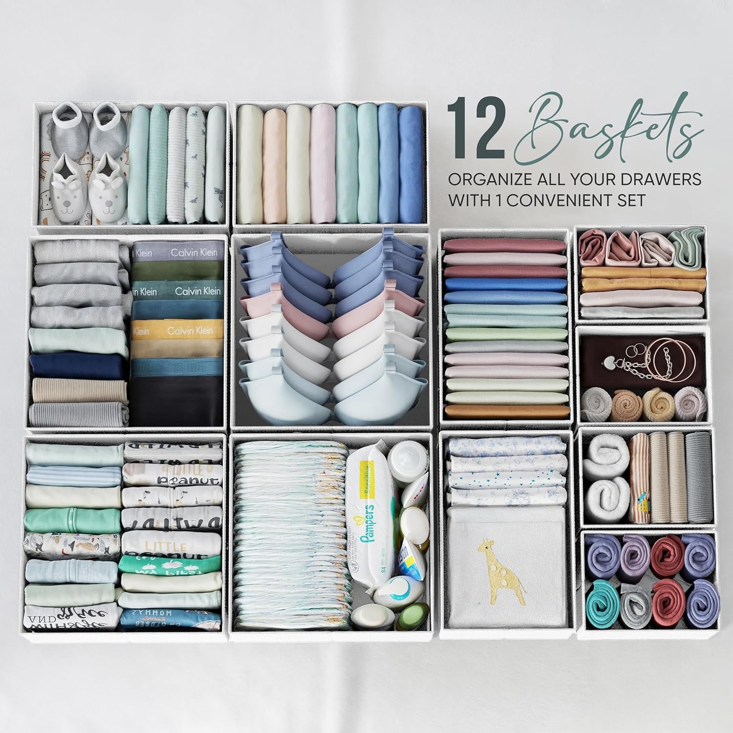 Drawer Organizer Clothes Set of 12 White-Grey - Dresser Organizer for Nursery, Bedroom, Closet - Perfect Baby Clothes Organizer and Storage & General Nursery Organization or Dresser Drawer Organizers