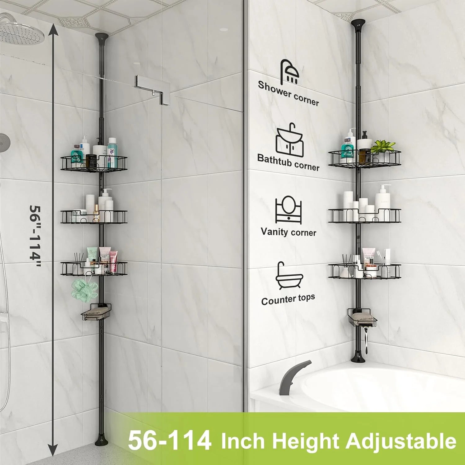 Corner Shower Caddy Tension Pole, Rustproof Stainless Steel Tension Rod Corner Shower Caddy for Shower Organizer,Adjustable Floor to Ceiling Stand Shower Shelves for Bathroom Bathtub
