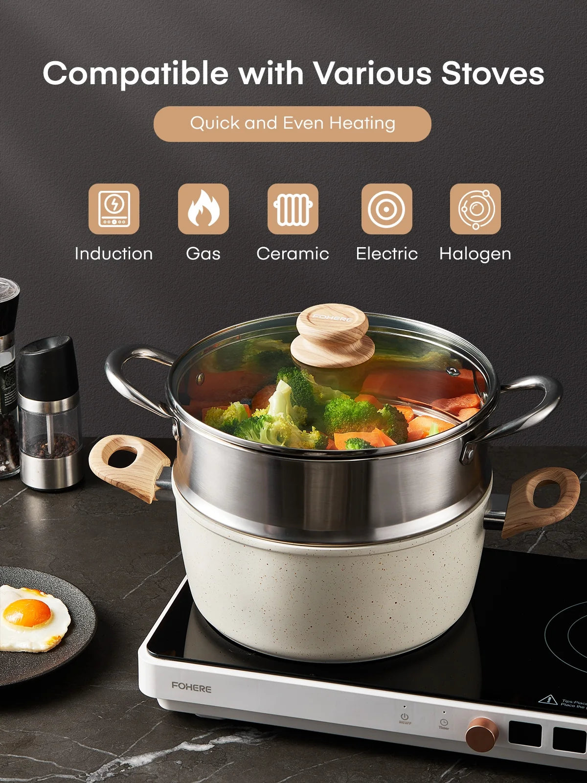 15-Piece Pots and Pans Set Non Stick, Induction Kitchen Cookware Sets, Aluminum, Beige