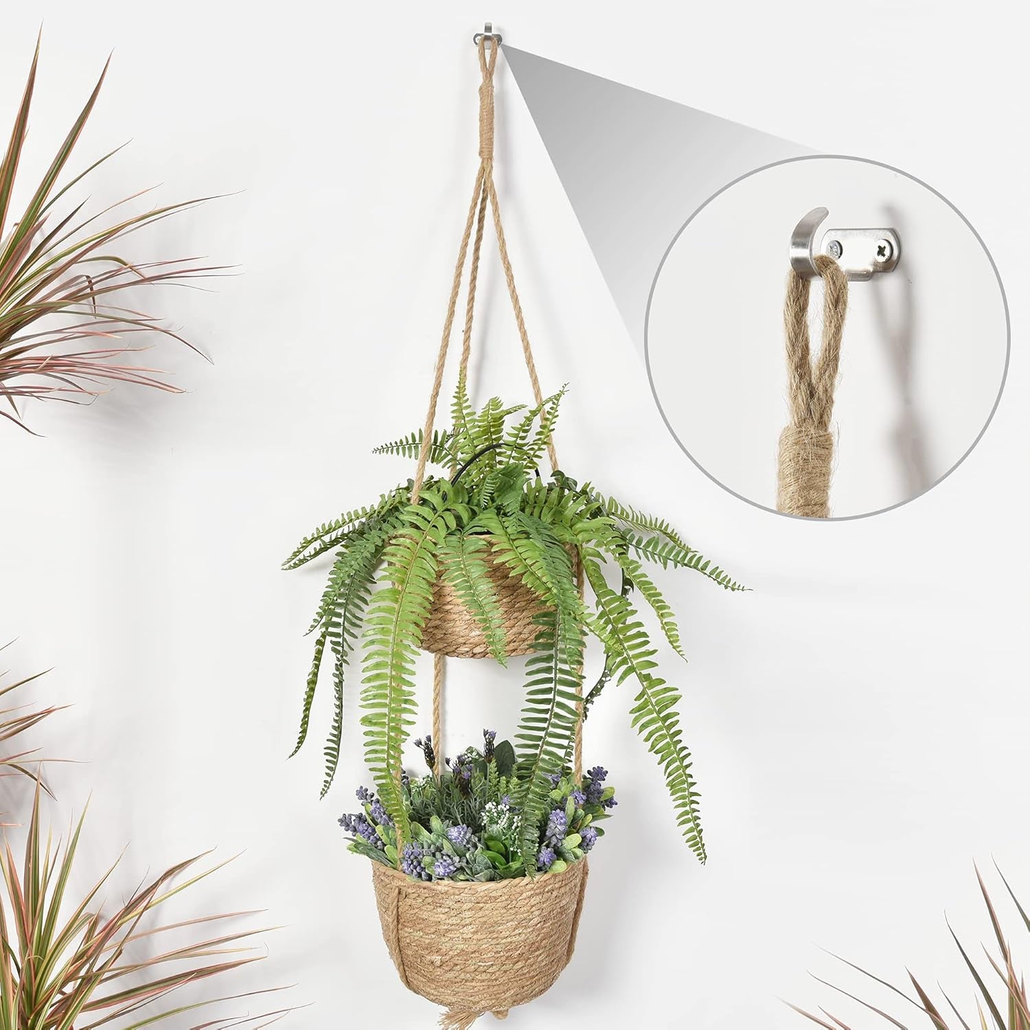 Water Hyacinth Hanging Plant Baskets, 2-Tier Woven Plant Baskets, Hanging Baskets for Plants Indoor & Outdoor, Hanging Baskets for Plant Flower Pots, Natural