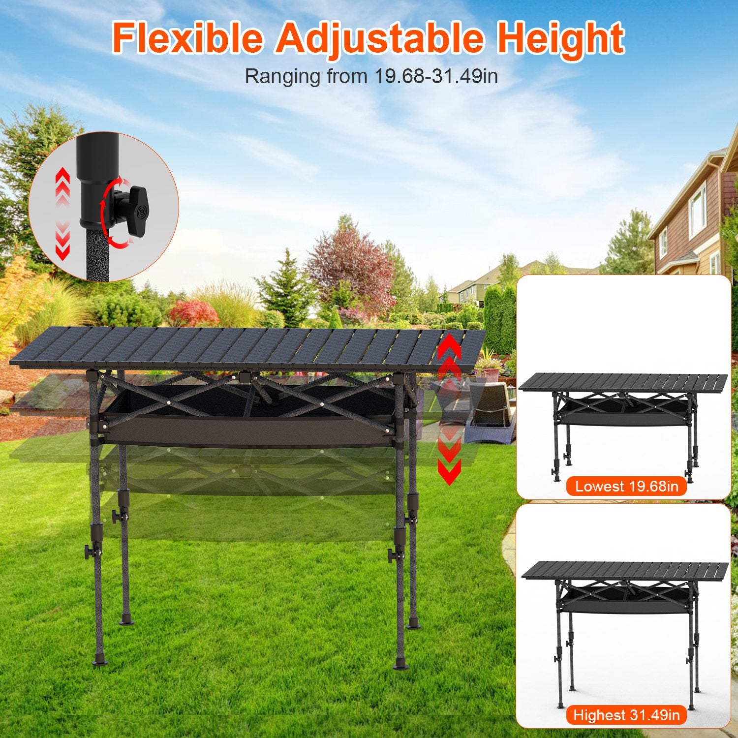 S-M-L Size Options Portable Folding Camping Table with Adjustable Height Rustproof Carbon Steel Foldable Roll-Up Camping Table for Picnic Camping Hiking Beach BBQ 55LBS Max Load